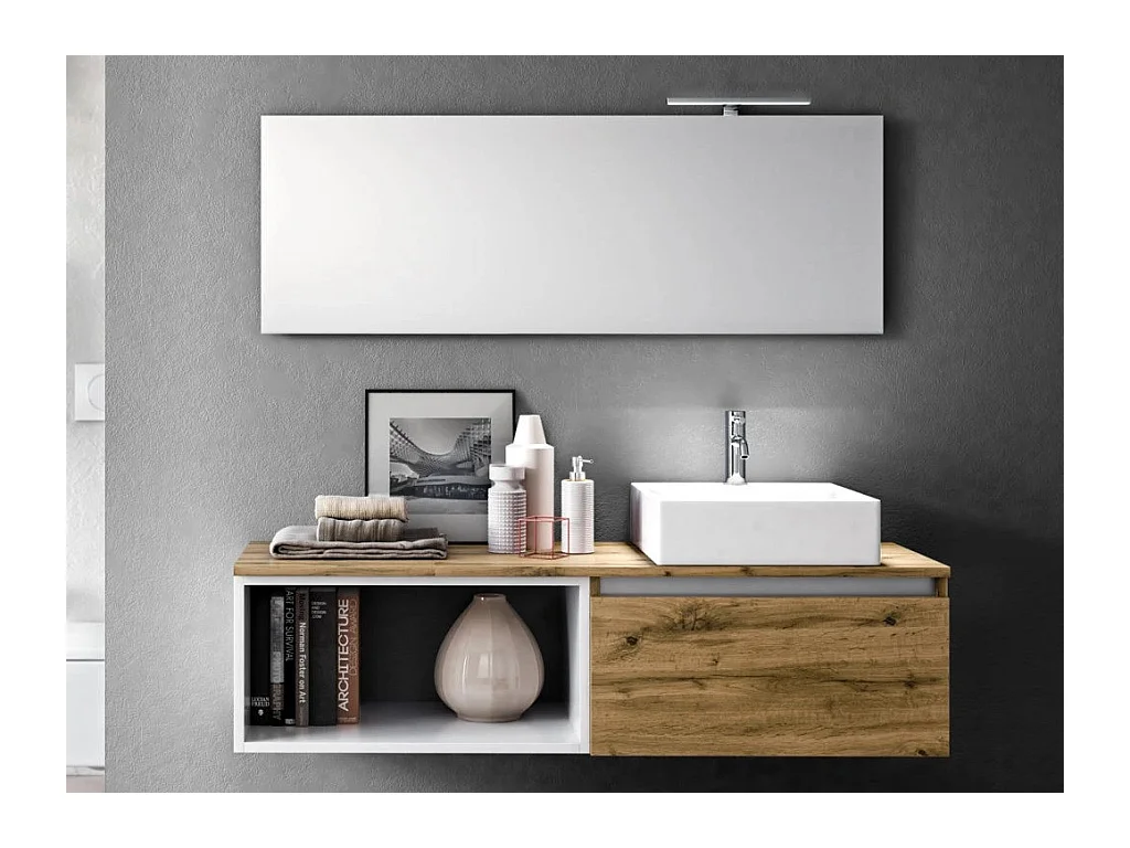 Ensemble meuble de salle de bain 1 tiroir chêne clair avec étagère et miroir à LED Teph L 140cm