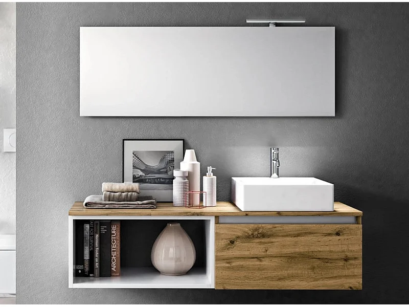 Ensemble meuble de salle de bain 1 tiroir chêne clair avec étagère et miroir à LED Teph L 140cm