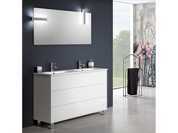 Ensemble meuble de salle de bain 3 tiroirs bois blanc mat et miroir à