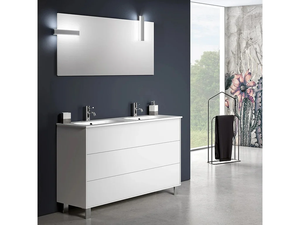 Ensemble meuble de salle de bain 3 tiroirs bois blanc mat et miroir à LED Lago L 120cm