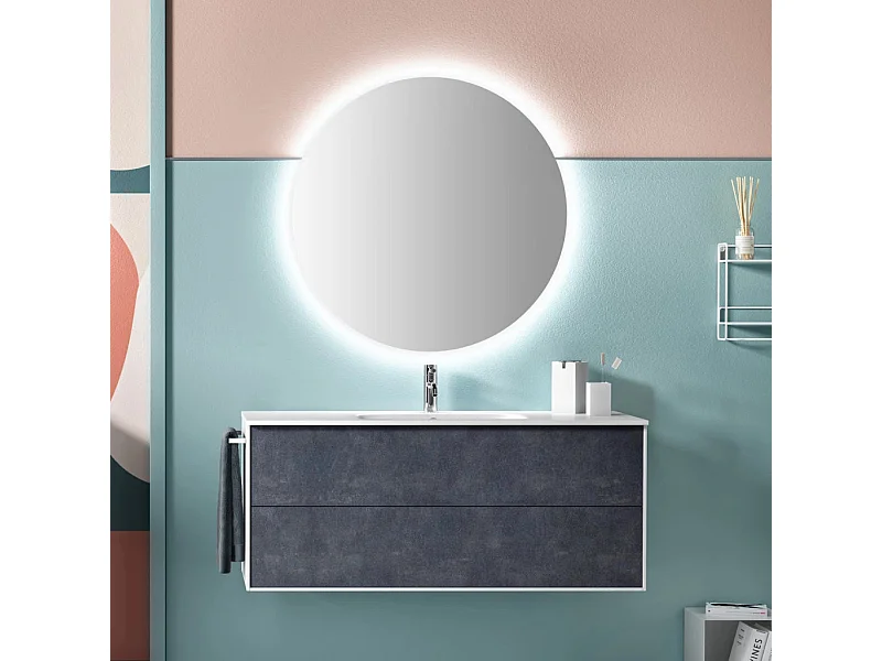 Ensemble meuble de salle de bain 2 tiroirs laqué blanc et bleu effet pierre et miroir lumineux Lago L 120cm