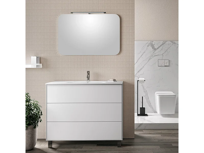 Ensemble meuble de salle de bain 3 tiroirs laqué blanc et miroir lumineux Lago L 90cm