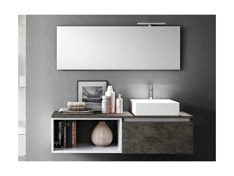 Ensemble meuble de salle de bain 1 tiroir gris oxyde avec étagère et miroir à LED Teph L 140cm