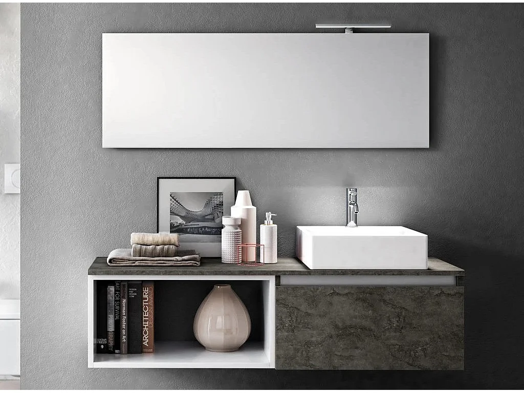 Ensemble meuble de salle de bain 1 tiroir gris oxyde avec étagère et miroir à LED Teph L 140cm