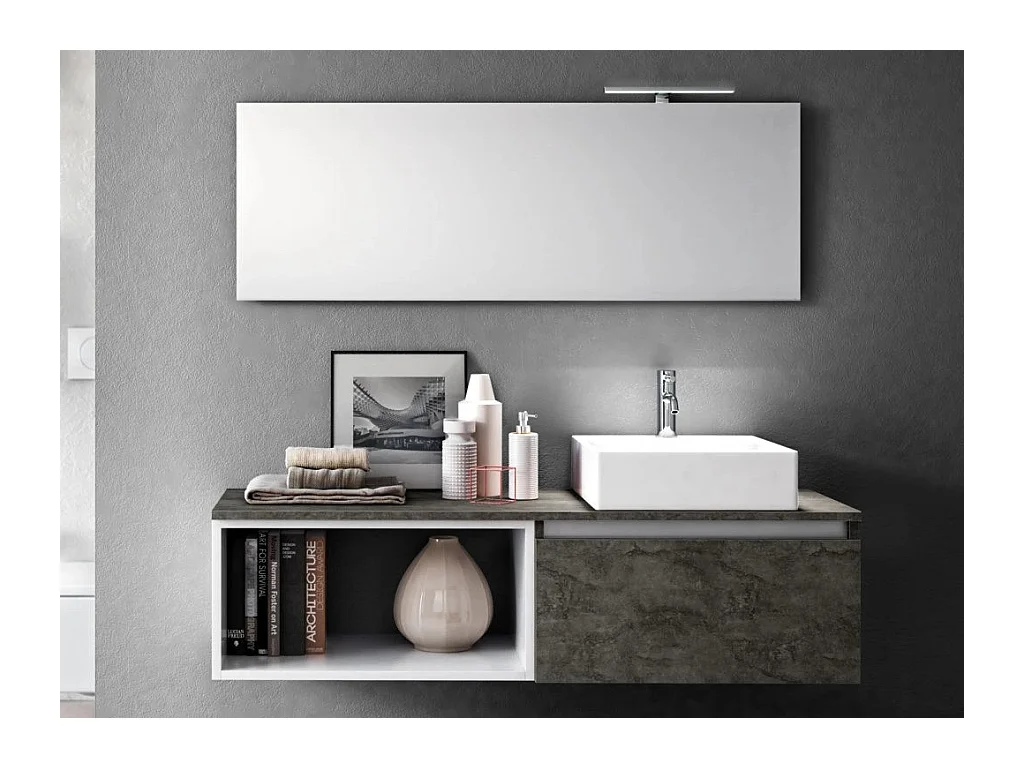 Ensemble meuble de salle de bain 1 tiroir gris oxyde avec étagère et miroir à LED Teph L 140cm