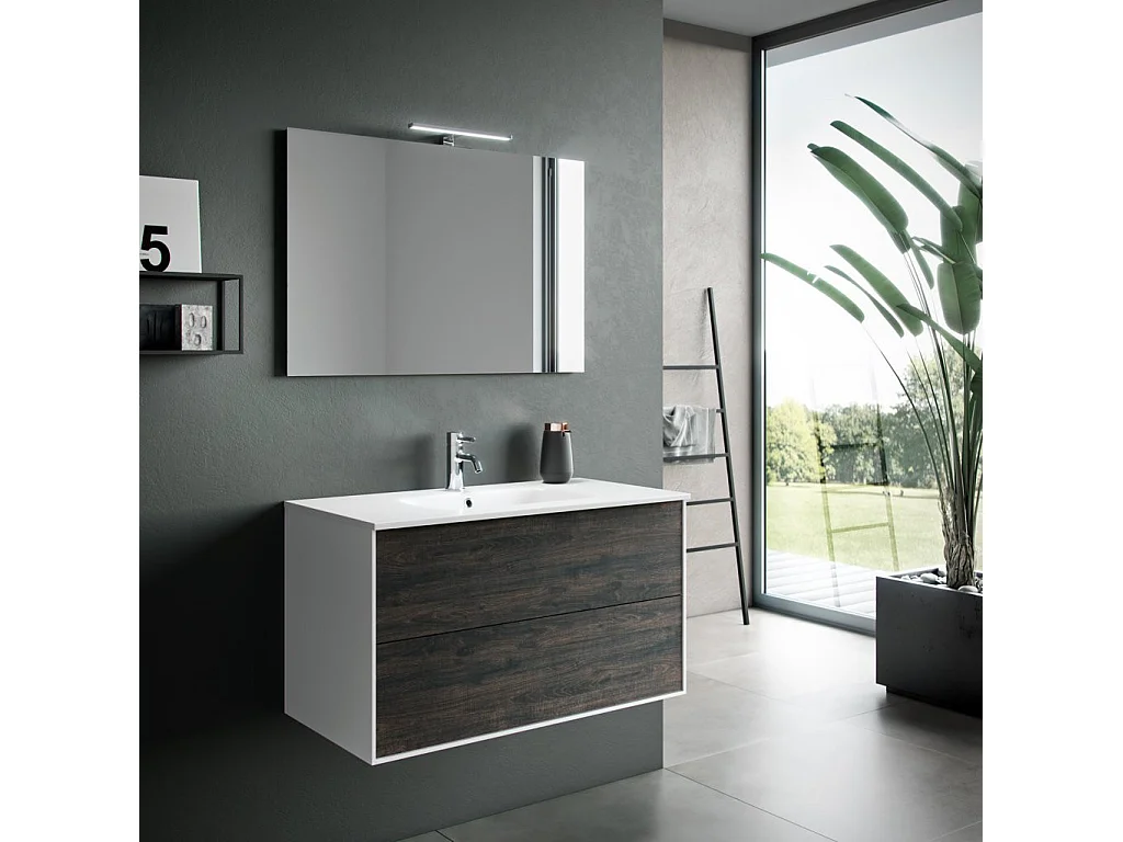 Ensemble meuble de salle de bain 2 tiroirs laqué blanc et marron et miroir à LED Oga L 90cm
