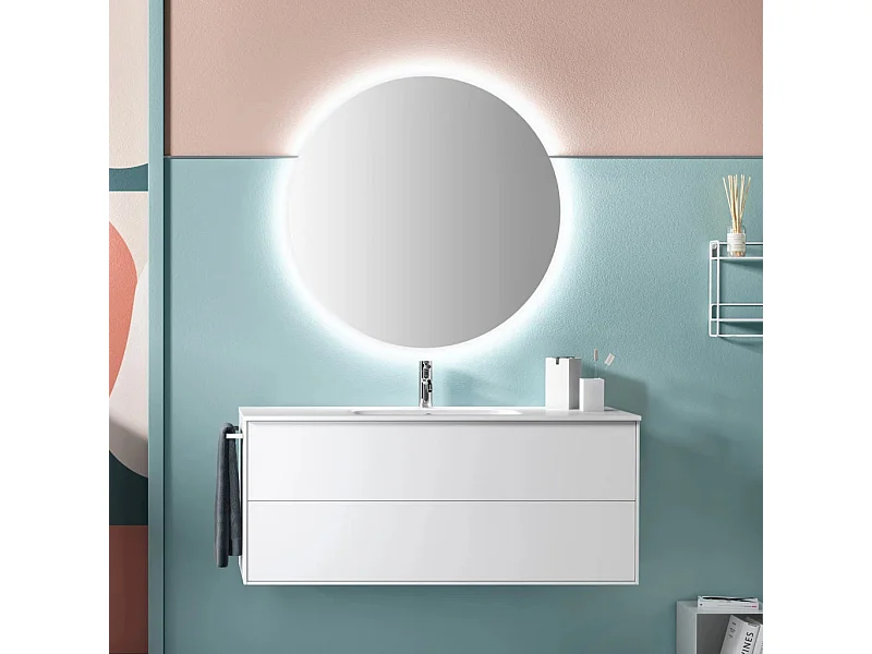 Ensemble meuble de salle de bain 2 tiroirs laqué blanc et miroir lumineux Lago L 120cm