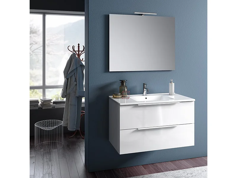 Ensemble meuble de salle de bain 2 tiroirs laqué blanc et miroir à LED Mola L 90cm
