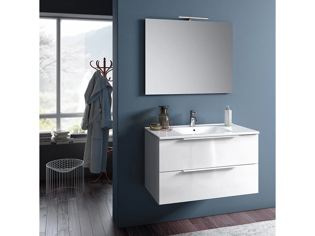 Ensemble meuble de salle de bain 2 tiroirs laqué blanc et miroir à LED Mola L 90cm