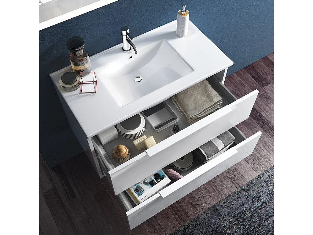 Ensemble meuble de salle de bain 2 tiroirs laqué blanc et miroir à LED Mola L 90cm