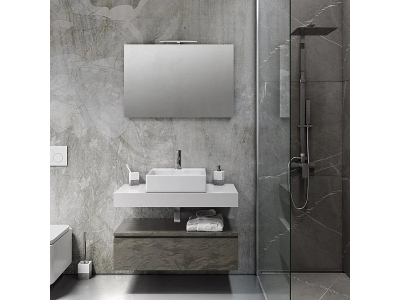 Ensemble meuble de salle de bain 1 tiroir blanc et gris effet pierre et miroir lumineux Kyo L 90cm
