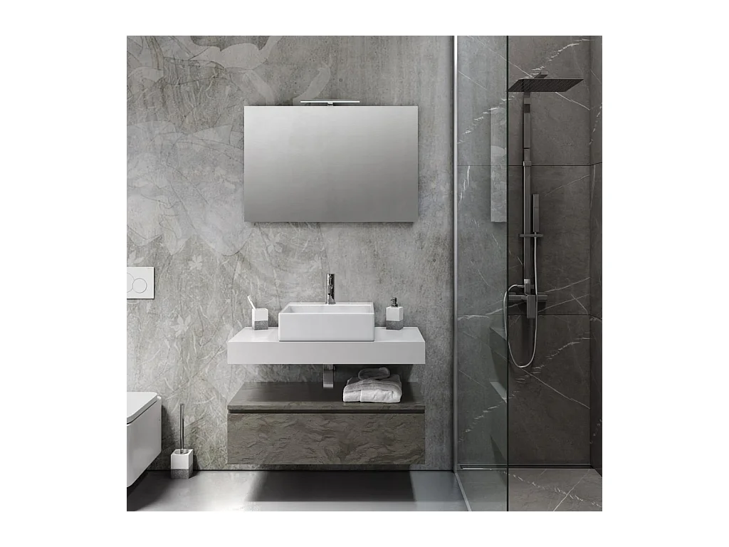 Ensemble meuble de salle de bain 1 tiroir blanc et gris effet pierre et miroir lumineux Kyo L 90cm