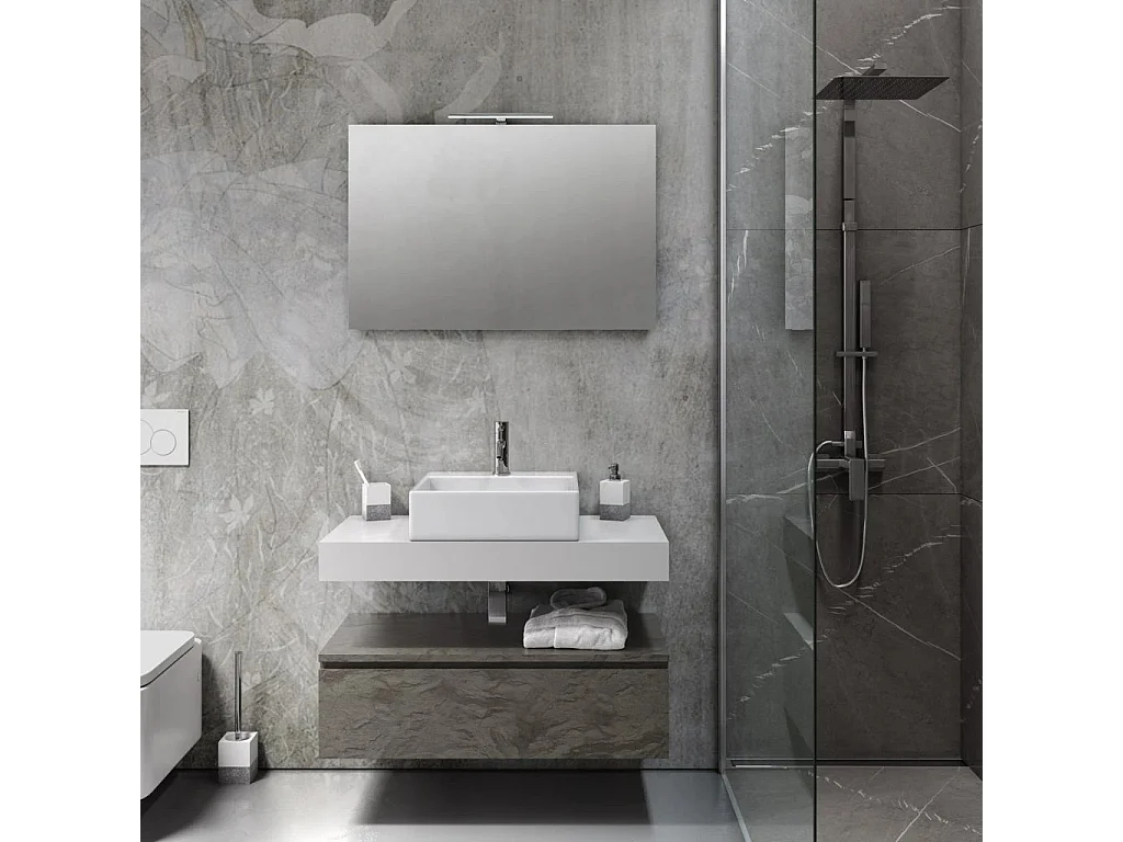 Ensemble meuble de salle de bain 1 tiroir blanc et gris effet pierre et miroir lumineux Kyo L 90cm