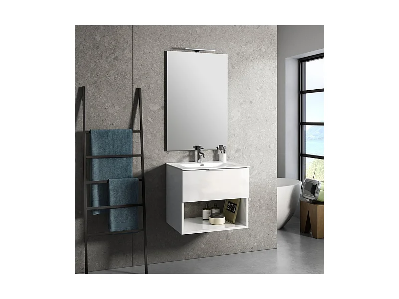 Ensemble meuble de salle de bain 1 tiroir laqué blanc brillant et miroir lumineux Noe L 60cm