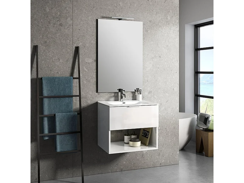 Ensemble meuble de salle de bain 1 tiroir laqué blanc brillant et miroir lumineux Noe L 60cm