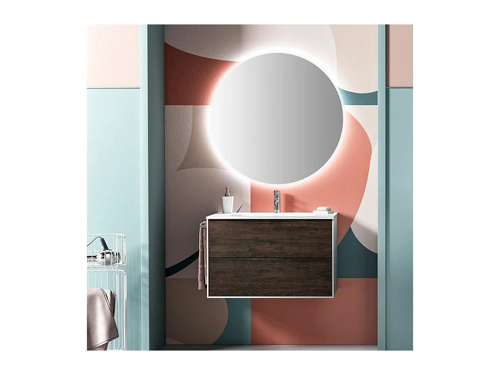 Ensemble meuble de salle de bain 2 tiroirs laqué blanc et marron et miroir à LED Lago L 80cm