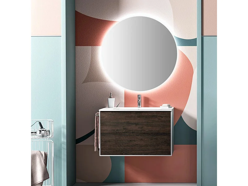 Ensemble meuble de salle de bain 2 tiroirs laqué blanc et marron et miroir à LED Lago L 80cm