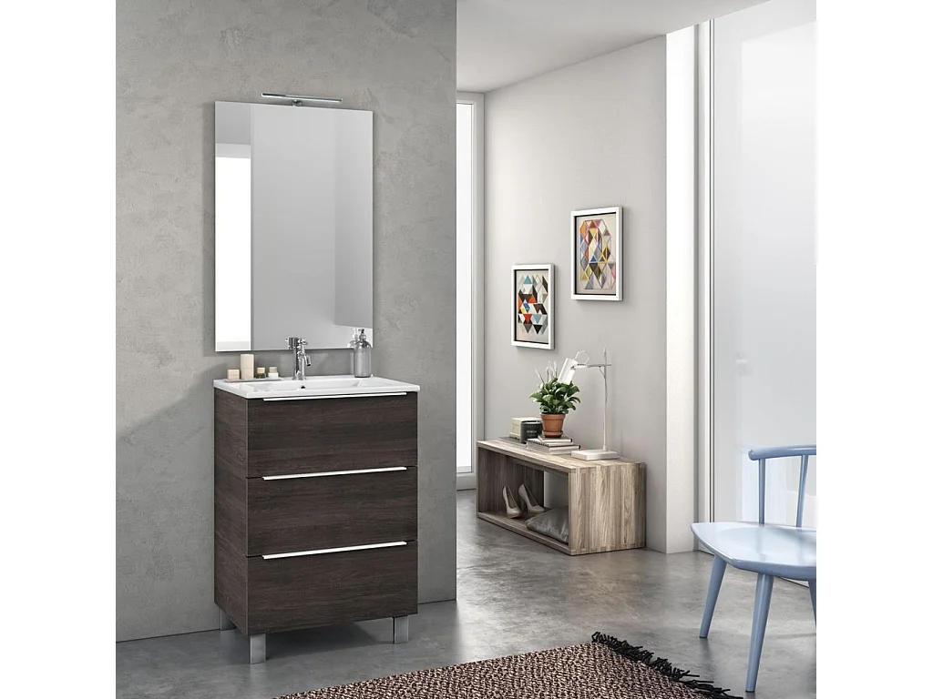 Ensemble meuble de salle de bain 3 tiroirs bois marron et miroir lumineux Malo L 60cm