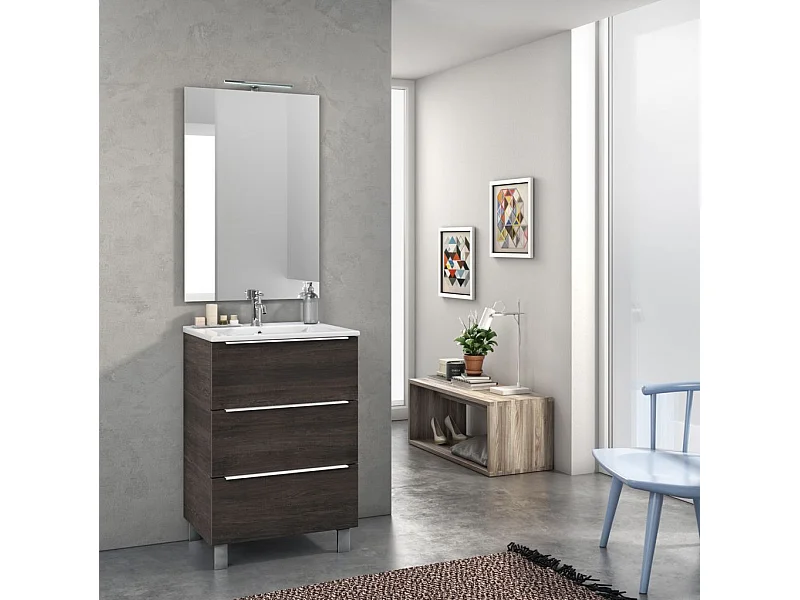 Ensemble meuble de salle de bain 3 tiroirs bois marron et miroir lumineux Malo L 60cm