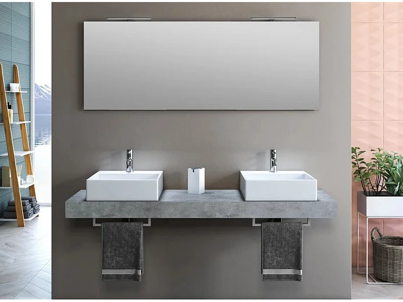 Ensemble meuble de salle de bain effet béton double vasque et miroir lumineux Kyo L 165cm