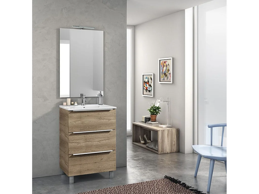 Ensemble meuble de salle de bain 3 tiroirs bois chêne clair et miroir lumineux Malo L 60cm