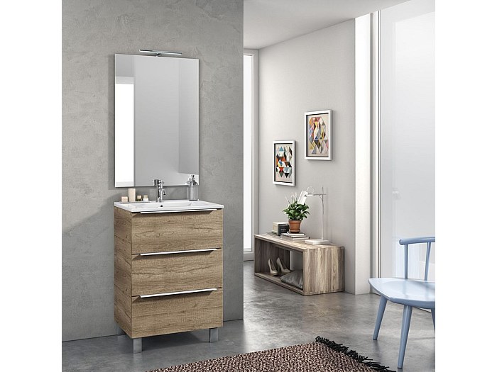 Ensemble meuble de salle de bain 3 tiroirs bois chêne clair et miroir