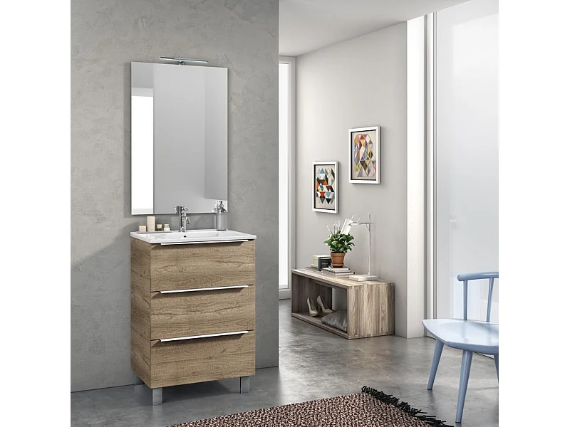 Ensemble meuble de salle de bain 3 tiroirs bois chêne clair et miroir lumineux Malo L 60cm
