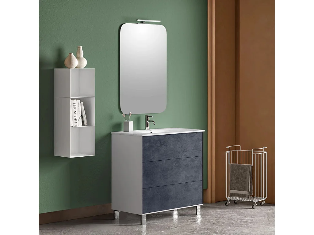 Ensemble meuble de salle de bain 3 tiroirs laqué blanc et bleu gris et miroir lumineux Lago L 80cm