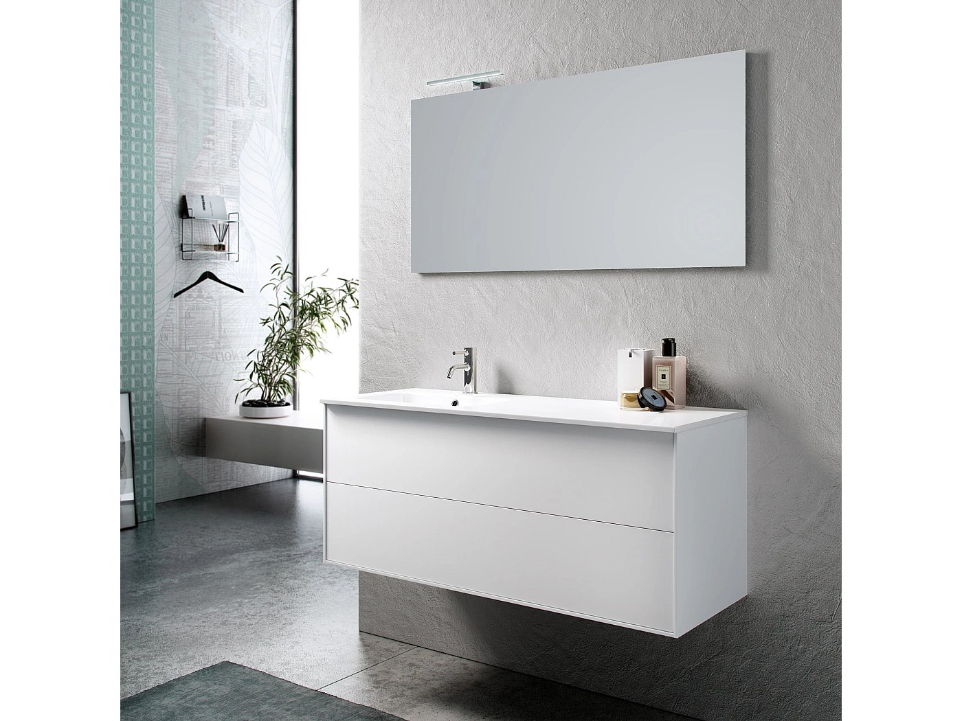 Ensemble meuble de salle de bain 2 tiroirs laqué blanc et miroir à LED