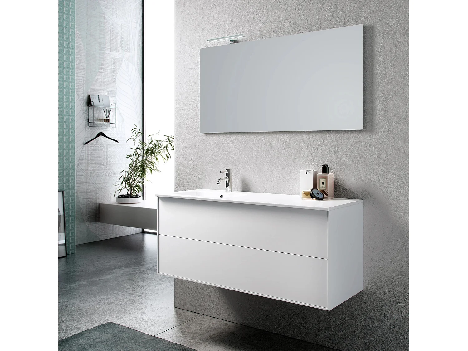 Ensemble meuble de salle de bain 2 tiroirs laqué blanc et miroir à LED Goa L 120cm