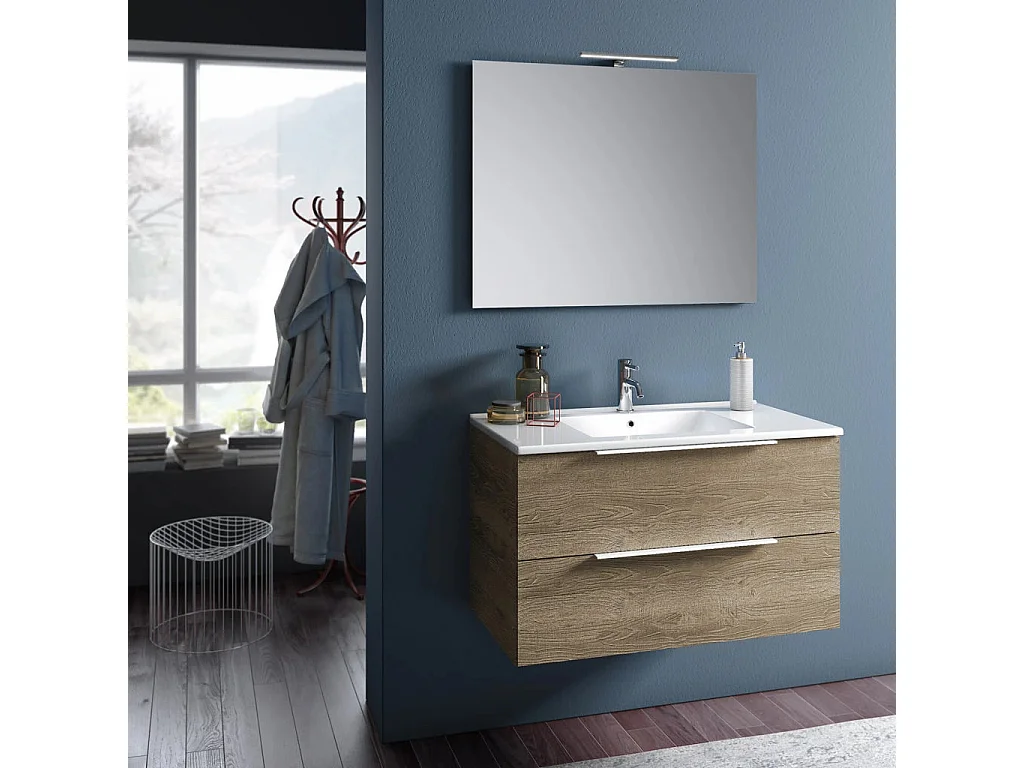 Ensemble meuble de salle de bain 2 tiroirs chêne clair et miroir à LED Mola L 100cm