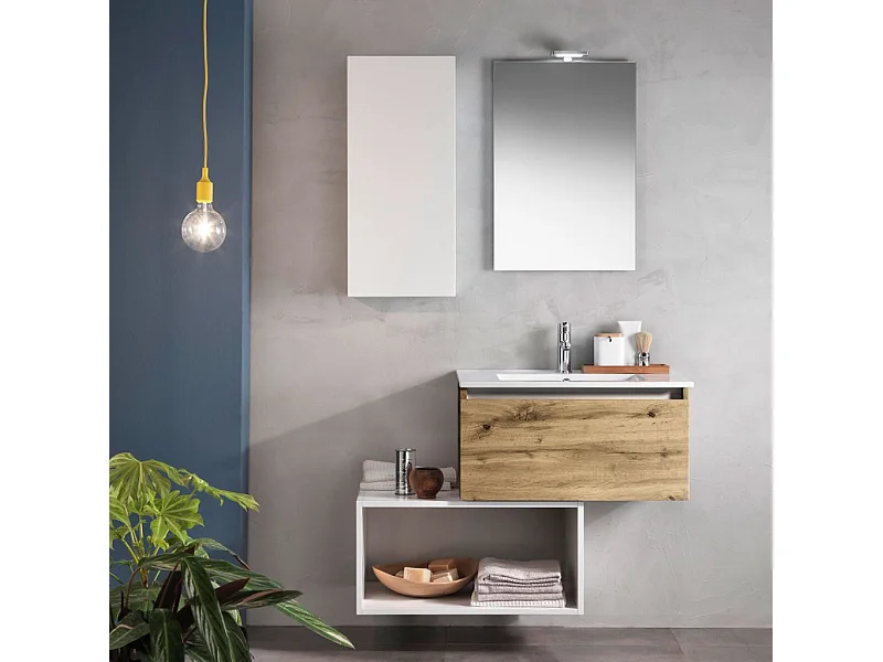 Ensemble meuble de salle de bain 1 étagère 1 armoire chêne clair et laqué blanc et miroir lumineux Teph L 70cm