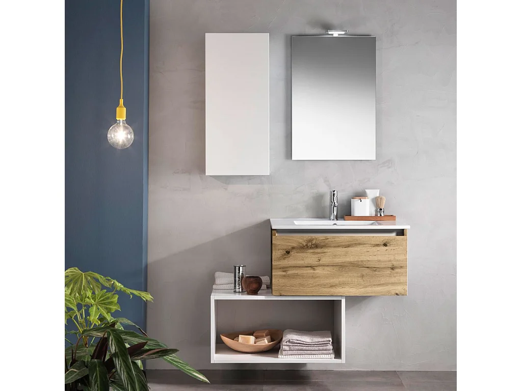 Ensemble meuble de salle de bain 1 étagère 1 armoire chêne clair et laqué blanc et miroir lumineux Teph L 70cm
