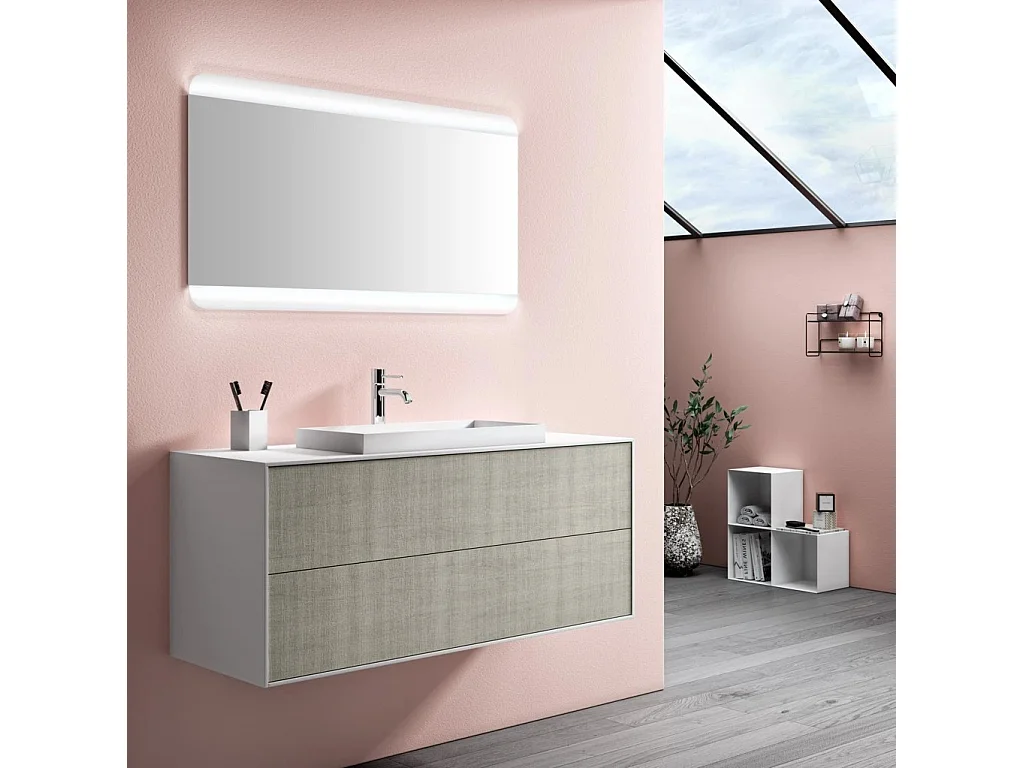Ensemble meuble de salle de bain 2 tiroirs laqué blanc et beige et miroir lumineux Lago L 120cm 2