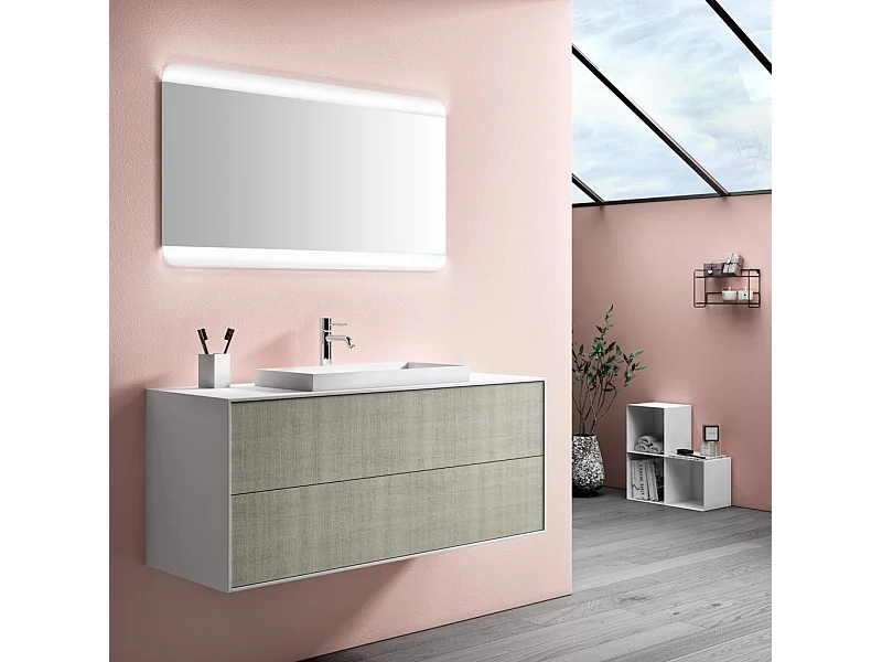 Ensemble meuble de salle de bain 2 tiroirs laqué blanc et beige et miroir lumineux Lago L 120cm 2