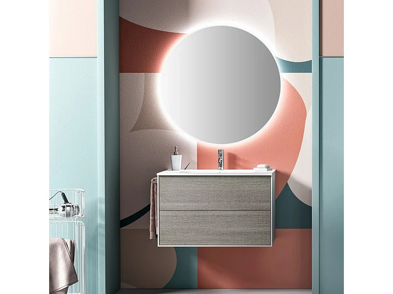 Ensemble meuble de salle de bain 2 tiroirs laqué blanc et gris et miroir à LED Lago L 80cm