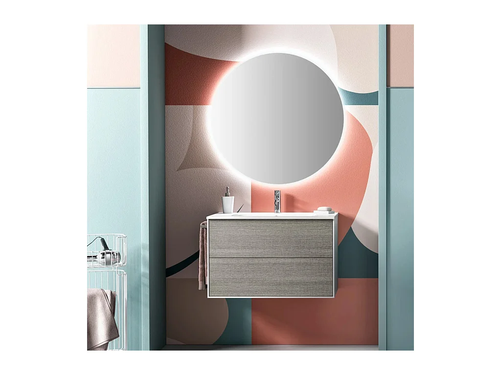 Ensemble meuble de salle de bain 2 tiroirs laqué blanc et gris et miroir à LED Lago L 80cm