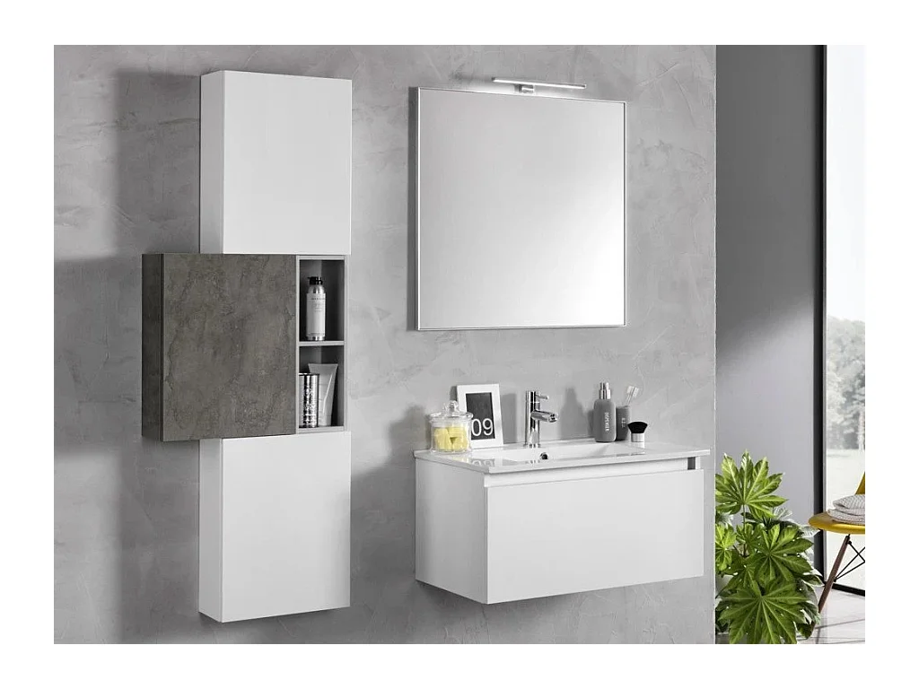 Ensemble meuble de salle de bain 3 armoires laqué blanc et gris oxyde avec vasque et miroir lumineux Teph L 70cm