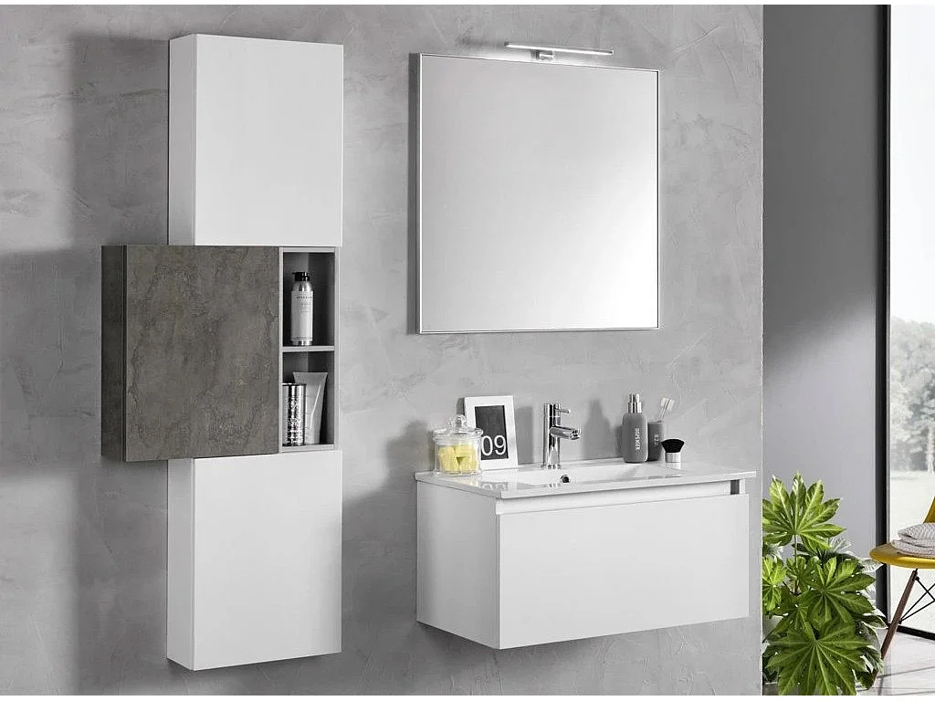 Ensemble meuble de salle de bain 3 armoires laqué blanc et gris oxyde avec vasque et miroir lumineux Teph L 70cm