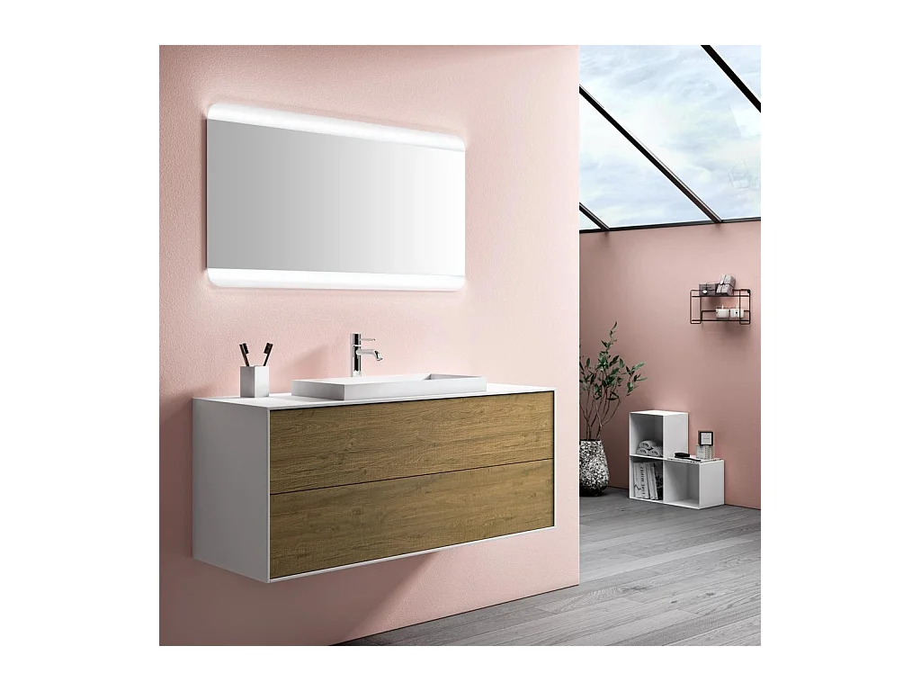 Ensemble meuble de salle de bain 2 tiroirs laqué blanc et chêne et miroir lumineux Lago L 120cm 2