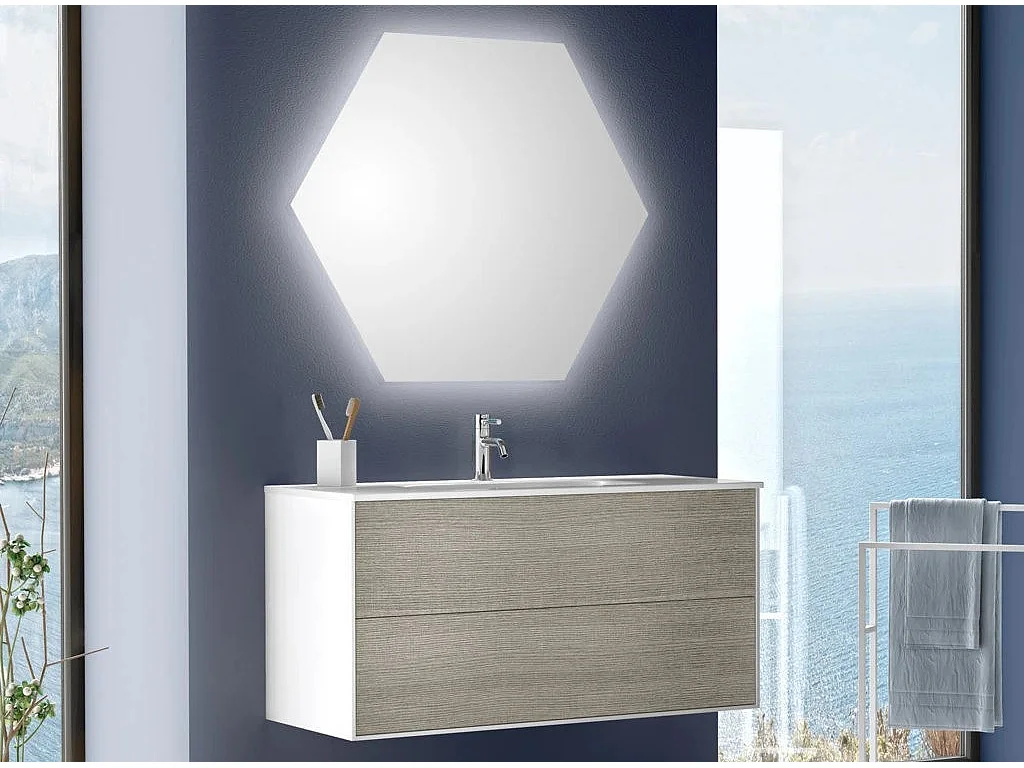 Ensemble meuble de salle de bain 2 tiroirs laqué blanc et gris et miroir lumineux Lago L 100cm
