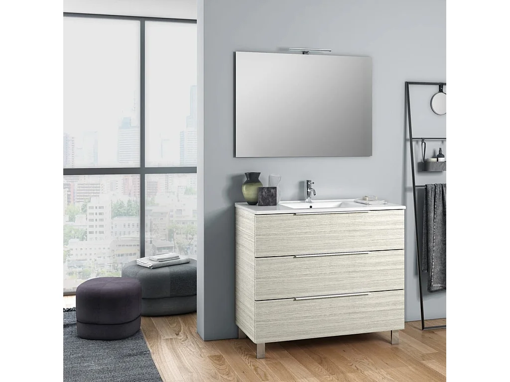 Ensemble meuble de salle de bain 3 tiroirs bois beige et miroir lumineux Malo L 100cm