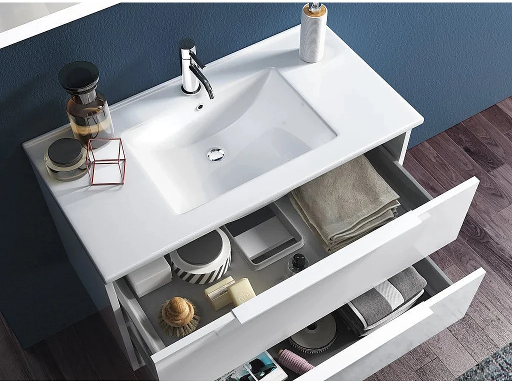 Ensemble meuble de salle de bain 3 tiroirs bois beige et miroir lumineux Malo L 100cm