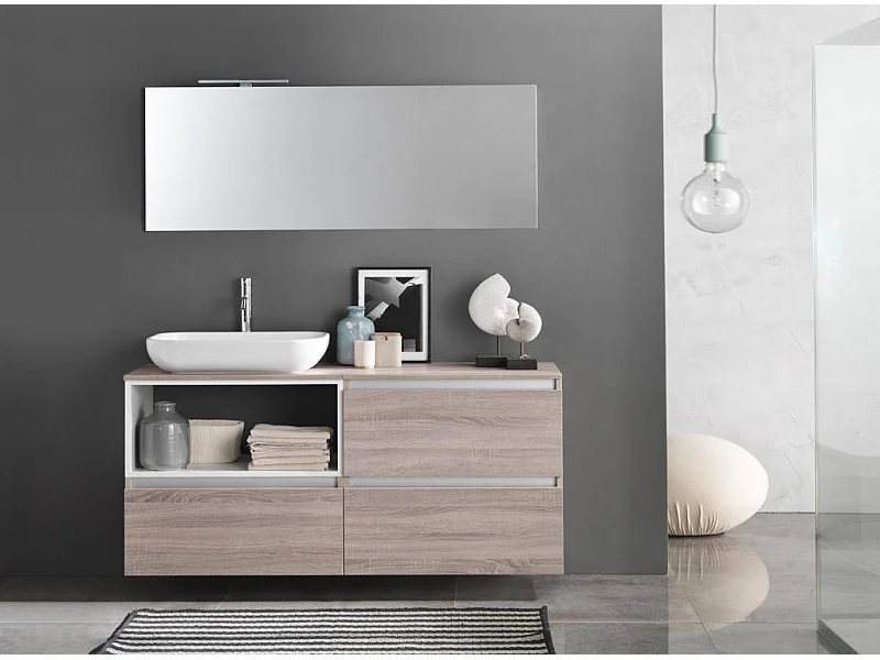 Ensemble meuble de salle de bain 3 tiroirs bois clair et miroir à LED Teph L 140cm
