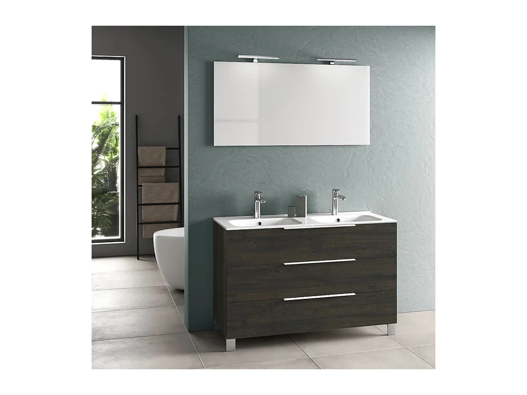 Ensemble meuble de salle de bain 3 tiroirs marron double vasque et miroir à LED Molma L 120cm