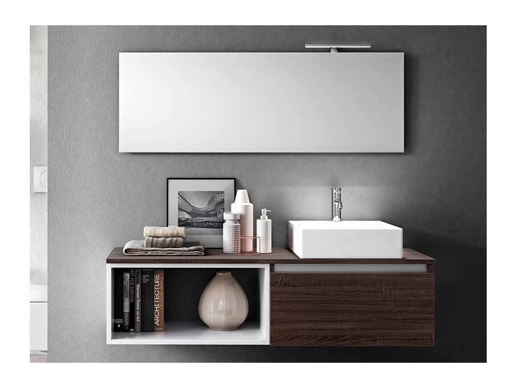 Ensemble meuble de salle de bain 1 tiroir bois foncé avec étagère et miroir à LED Teph L 140cm