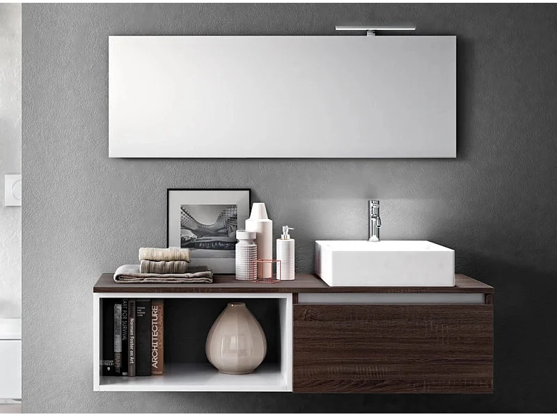 Ensemble meuble de salle de bain 1 tiroir bois foncé avec étagère et miroir à LED Teph L 140cm