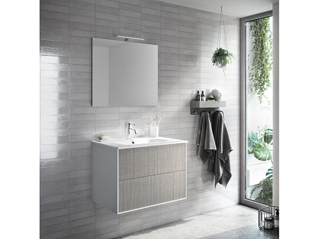 Ensemble meuble de salle de bain 2 tiroirs laqué blanc et gris et miroir à LED Oga L 70cm