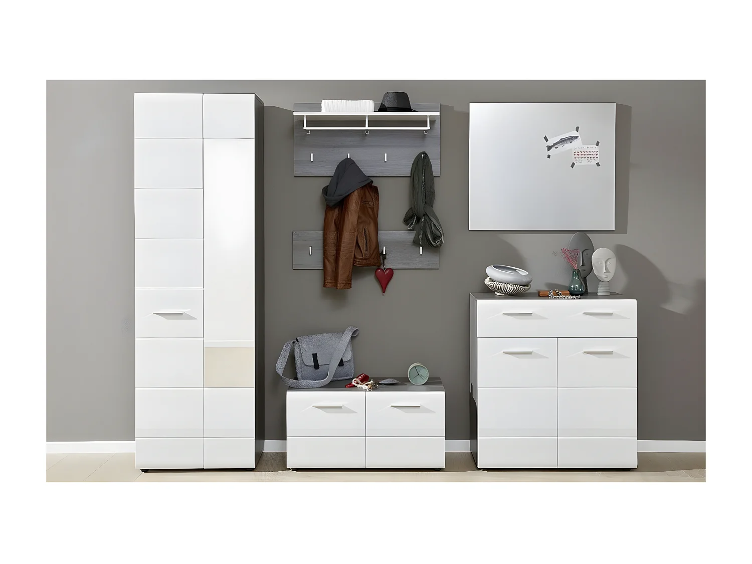 Kapstok met 4 witte en grijze melamine haken Bezzi