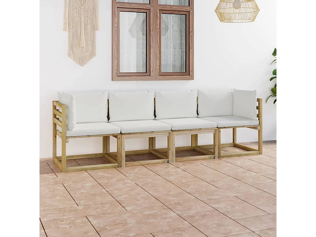 Sofá de jardín de 4 plazas con cojines crema